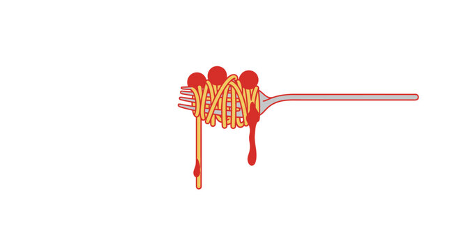 Spaghetti with tomato sauce on fork.