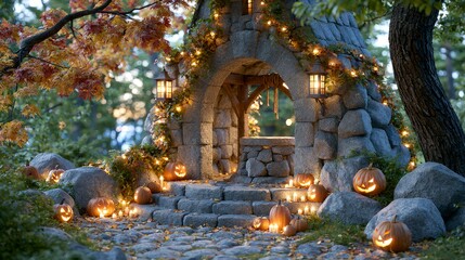Obraz premium Enchanted Historic Stone Garden with Lanterns, Pumpkins, and Autumn Leaves in a Magical Setting