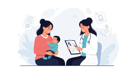 Naklejka premium Pediatrician Consults Mother Holding Baby, Doctor Writes Prescription RX on Clipboard
