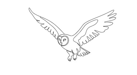 Fototapeta premium Minimalist single line drawing of a barn owl in flight, elegant bird art, white background