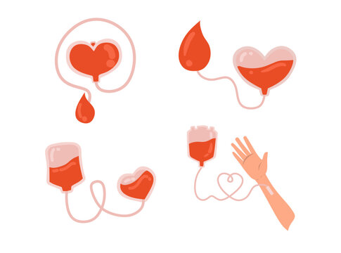 Illustration element featuring a blood donation concept with a blood bag connected to a heart symbol, representing life saving, healthcare, compassion, and community support