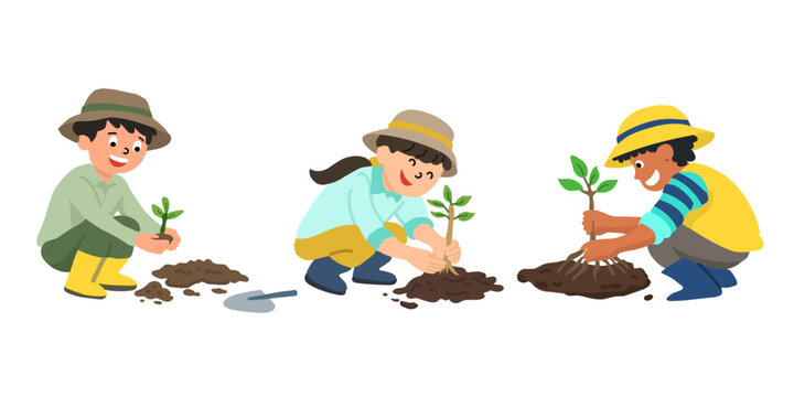 A collection of happy children planting tree seedlings in the soil, gardening outdoors, and supporting environmental conservation and sustainability. Vector illustration