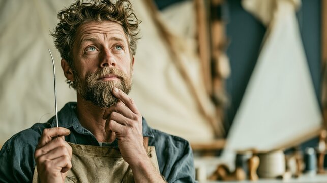 Sail maker holding a curved needle in a sail loft while thinking. Concept of quiz, consultation and trivia about sail making.