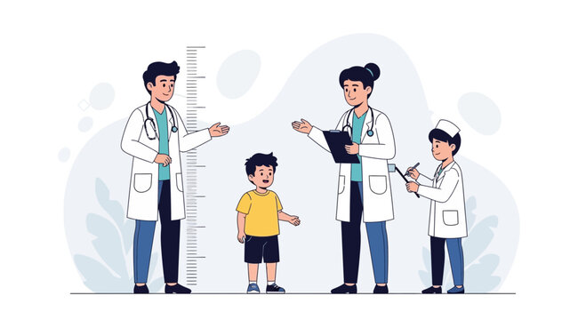 Pediatricians measuring child's height with scale and chart, healthcare concept illustration