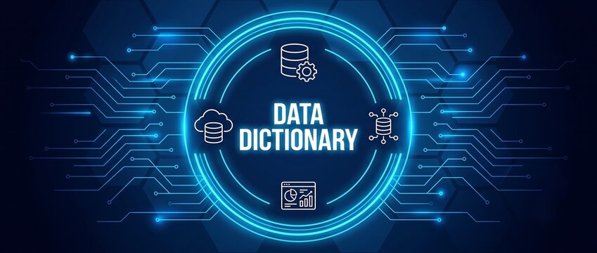 Data dictionary tech concept.A centralized repository defining data elements and their relationships. new