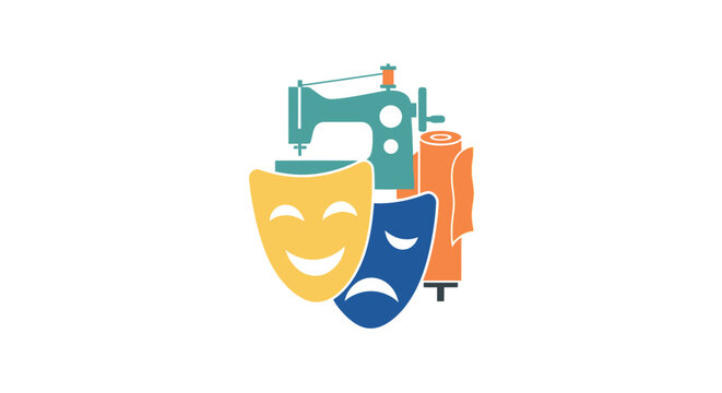 Theatrical masks and sewing machine icon.
