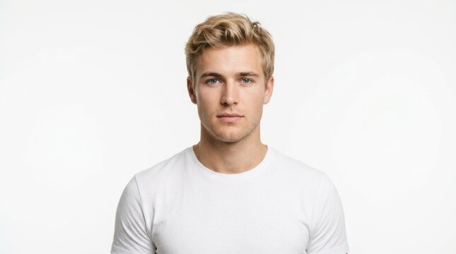 Handsome young man with blonde hair and blue eyes looking at camera wearing a simple white t-shirt for daily portrait