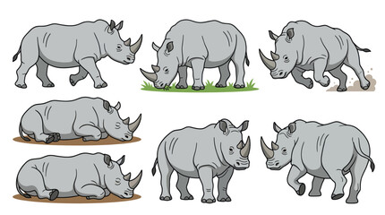 Rhino illustration set showing different walking and resting poses. © diki
