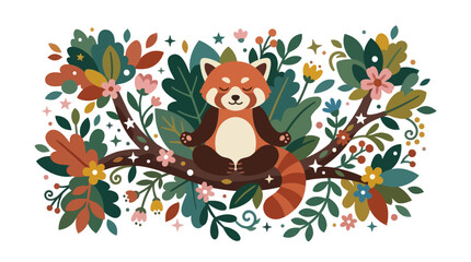 Red panda on floral tree branch. © diki