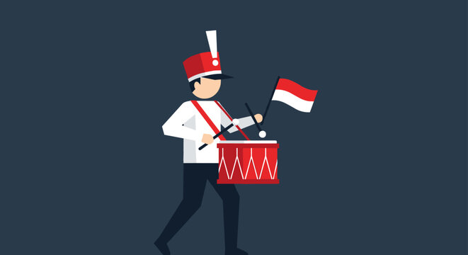Drummer marching with an Indonesian flag during a parade.