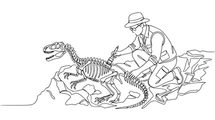 Fototapeta premium Paleontologist Brushing Dinosaur Fossil Skeleton Excavation Art