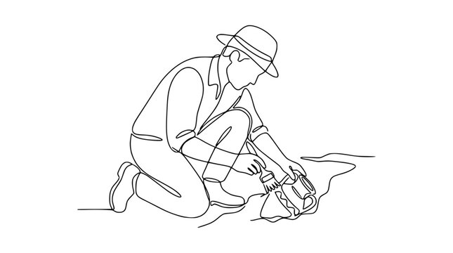 Archaeologist Brushing Artifact Continuous Line Drawing
