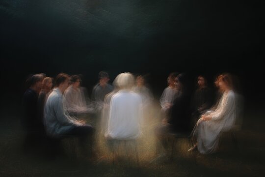 Blurred circle of seated figures in a ghostly meeting scene for eerie background or poster
