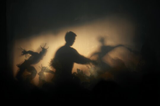 Shadow puppet theatre silhouettes of readers and creatures projected on a screen for storytelling backdrop and stage design