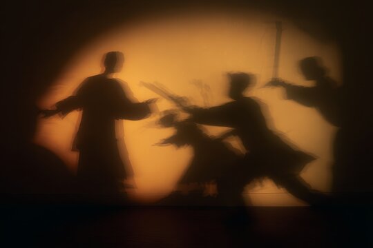 Dramatic shadow theatre silhouettes of readers projecting an animated story scene for stage background and storytelling poster