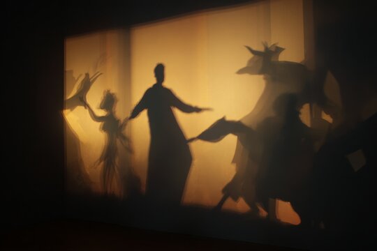 Silhouette shadow puppetry scene on a backlit screen with dancers and animal figures for theatre background and storytelling poster
