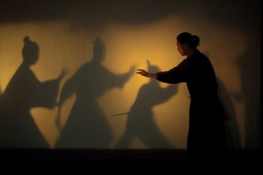 Shadow theatre performer projecting dramatic silhouettes on a lit screen for storytelling background and stage banner design