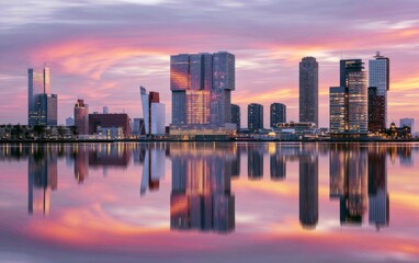 Fototapeta premium Illuminated City Skyline at Dusk with Reflections on Water and a Vibrant Colorful Sky