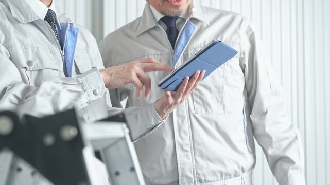 打ち合わせする男性作業員のグループ。建設、工事、工場、業者、相談、会議、DX、修理、点検、建築、内装
