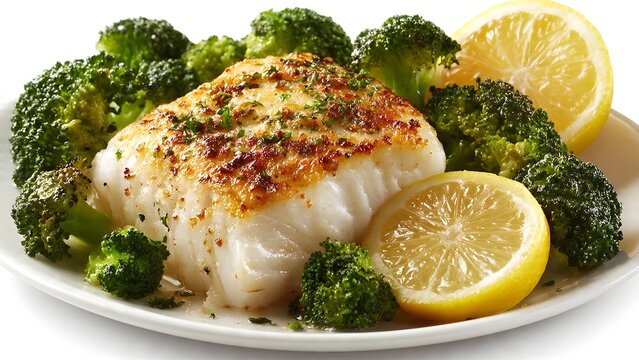 Grilled white fish fillet with roasted broccoli and lemon slices.