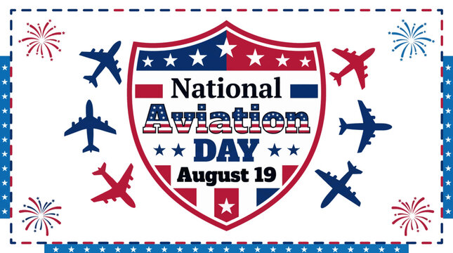Celebratory banner with aircraft with surrounded stylized aircraft illustration _ National Aviation  Day 19 August