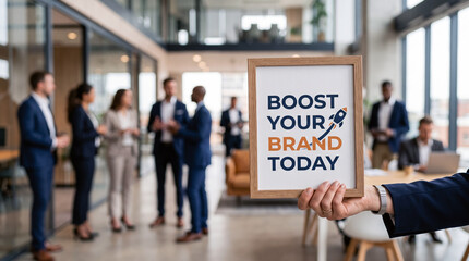 Fototapeta premium Successful Business Team Promoting Brand Growth Strategy In Bright Corporate Workspace With Motivated Mood