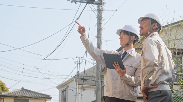 住宅地に立つ男性作業員のグループ。点検、検査、工事、建築、電力、電線、確認、保守、安全、エンジニア