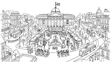 Hand-drawn city square festival with parade, vintage trams, and historic building © Embun