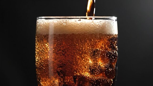 Pouring cola with ice cubes into a glass creating foam.