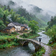 Fototapeta premium 1. Thick Impasto Oil Painting, Misty Rainy Chinese Mountain Village, Old White Rural Houses, Stone Arch Bridge, Man with Black Umbrella Walking Over Stream, Lush Green Bamboo & Willow Trees