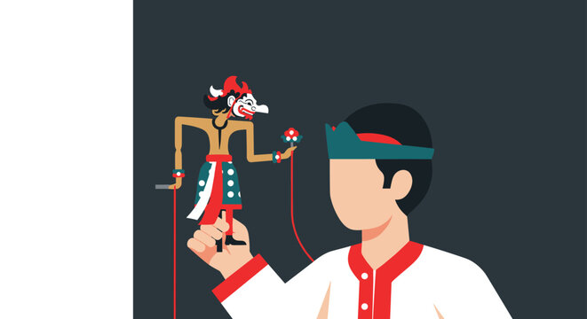 Man performing traditional Indonesian wayang kulit shadow puppet show.