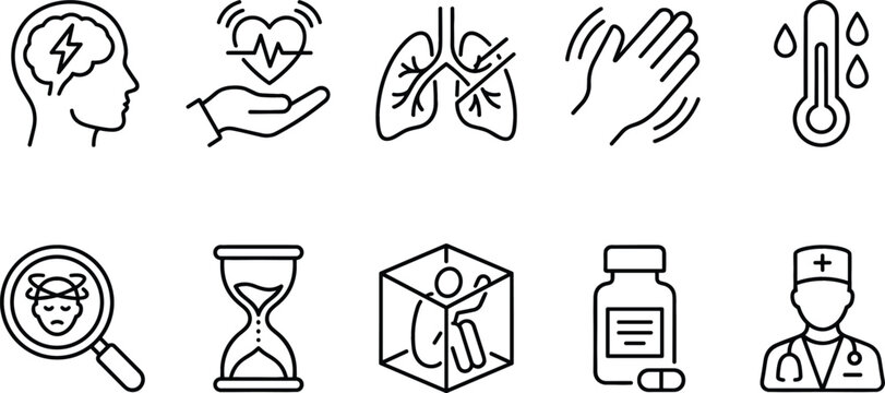 Panic attack and anxiety symptoms icon set with mental stress palpitation breathing difficulties tremors sweating dizziness claustrophobia and doctor diagnosis
