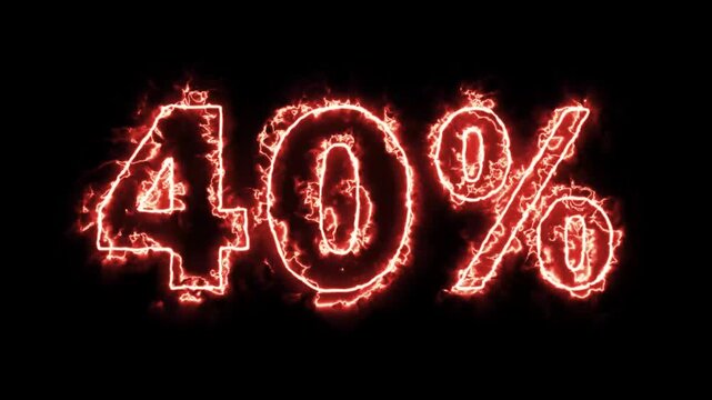 Animation of the number 40% with a blazing fire effect and lightning flashes, designed for a discount offer, set against a black background.