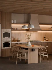 Fototapete Japandi Scandinavian Kitchen Interior with Wooden Cabinets and Dining Area - 3D Render  © JP_3D