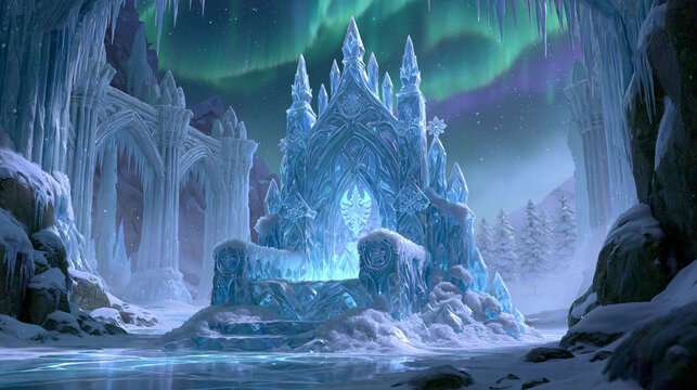 Majestic Frozen Castle in Blue Glacier Cave with Reflective Water