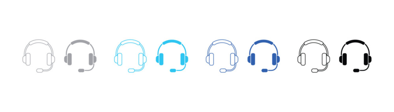 Communication headset icons with microphone as line and silhouette vector graphics microphone headphones communication customer illustration technology equipment operator business assistant