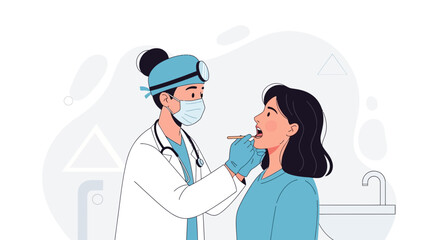 Fototapeta premium Doctor examining patient's throat with tongue depressor, modern vector illustration style, healthcare and medical concept.