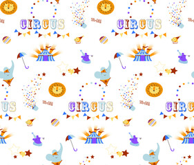 Colorful circus pattern with acrobats, animals, and stars on white background © Wolfworker