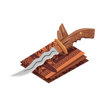 Traditional Indonesian kris dagger resting on batik cloth.