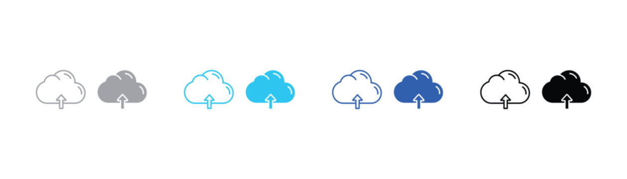 Cloud data upload vector icons in outline and solid style with transfer computing internet technology infrastructure information connection business illustration software application