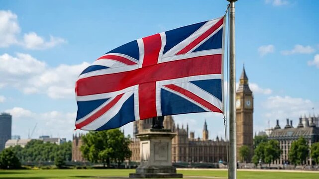 British Flag Flying Near Big Ben and London Skyline