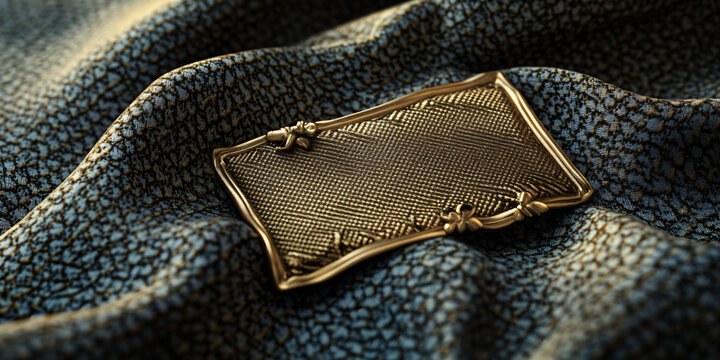 Golden label, blank tag, metal plaque, on denim fabric, close-up