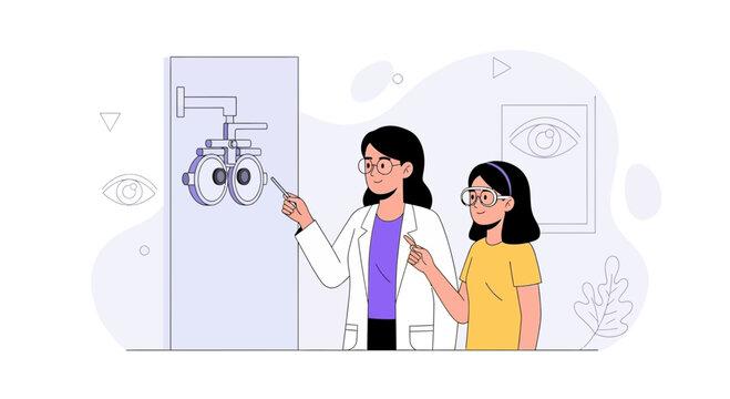 Optometrist examining a child's vision with a phoropter in a modern, minimalist clinic, healthcare concept