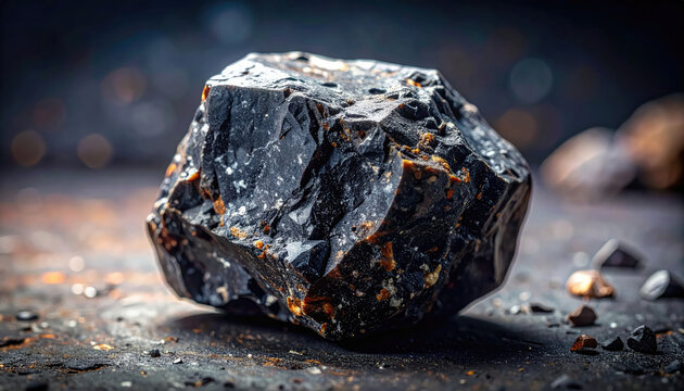 Closeup of a Raw Black Mineral Stone with Metallic Highlights