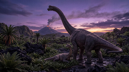 Fototapeta premium 夕暮れの紫の空と山を背景に草原を歩く巨大ブラキオサウルス恐竜