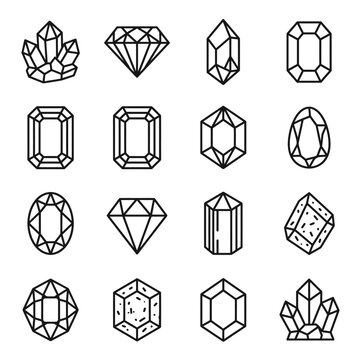 Minimalist outline icons of various cut gemstones and precious diamonds.