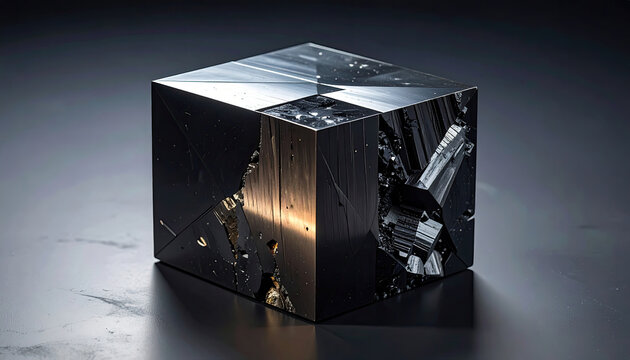 Elegant Black Crystal Cube with Reflective and Transparent Surfaces