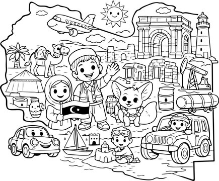 Libysche Wahrzeichen als Cartoon-Umriss, handgezeichnete Linienkunst-Illustration, Doodle-Kunst-Malvorlage f&uuml;r Kinder