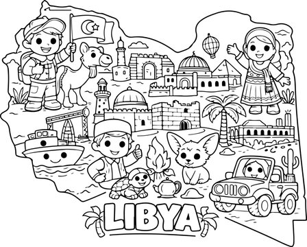Libysche Wahrzeichen als Cartoon-Umriss, handgezeichnete Linienkunst-Illustration, Doodle-Kunst-Malvorlage f&uuml;r Kinder