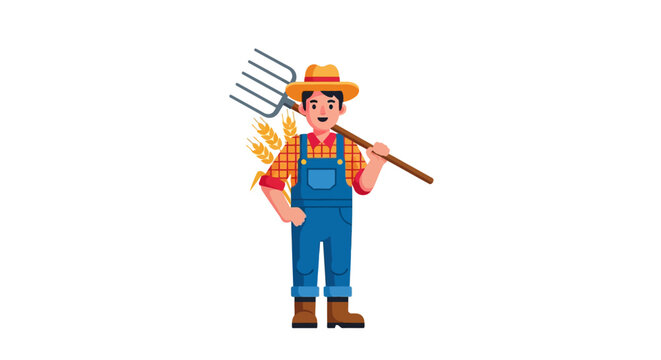 Cartoon farmer with pitchfork tool.